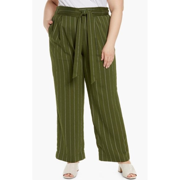 Vince Womens Belted Stripe Wide Leg Pants Trousers Olive Green Plus size 1X - Picture 1 of 14